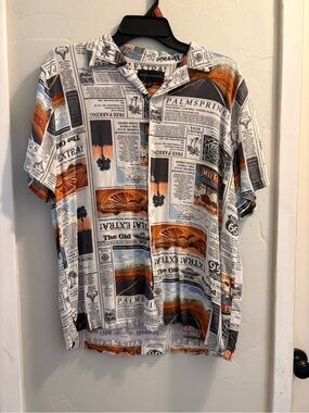 Newspaper Print Short Sleeve Button-Up Shirt